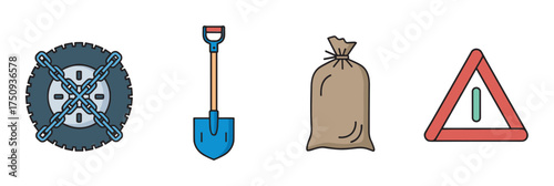 Illustration of a tire with chains, a blue shovel, a brown sandbag, and a triangular safety warning sign.