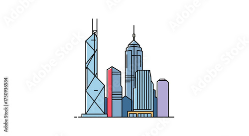 minimal hong kong skyline illustration showcasing iconic skyscrapers against a clear sky ideal for travel blogs architectural presentations and urban design portfolios.