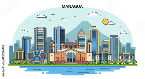 Managua cityscape skyline illustration featuring modern architecture and cultural landmarks against a mountain backdrop perfect for travel blogs and city guides.