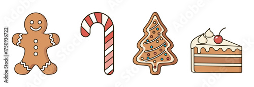 Colorful illustration of a gingerbread man, candy cane, decorated christmas tree cookie, and a slice of cake with cherries, representing festive holiday treats.