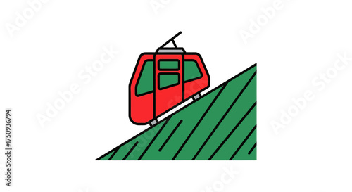 Red gondola ascending green hill offering scenic mountain views perfect for travel blogs and highlighting winter sports and mountain tourism