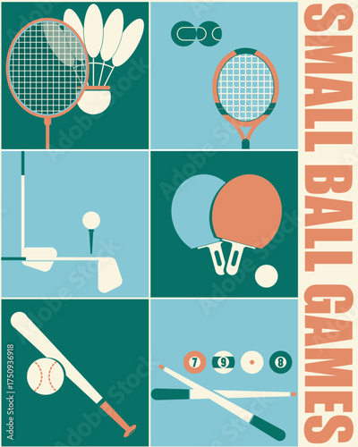 An illustration featuring various small ball sports equipment, including badminton, tennis, golf, table tennis, baseball, and billiards, arranged in a colorful geometric layout.
