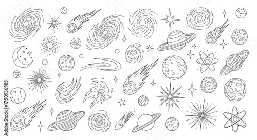 Space Elements Doodle Set: Hand-Drawn Planets, Stars, Galaxies, and Meteors for Cosmic Designs and Astronomy-Themed Projects.
