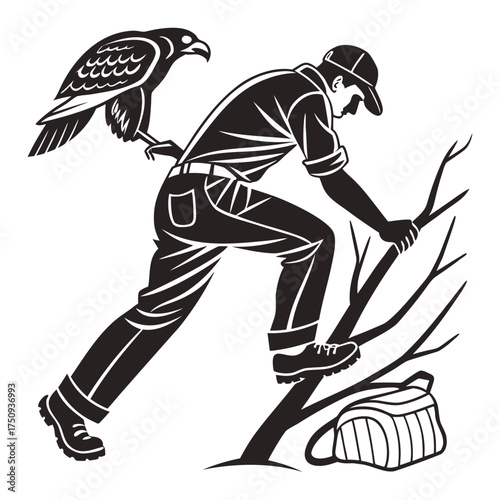 A man in a cap and casual clothes climbs a tree with a bird of prey perched on his arm.