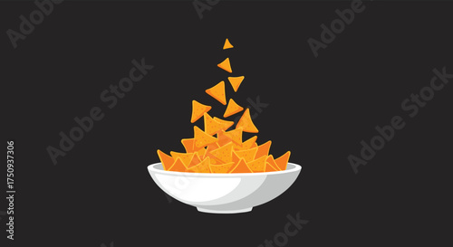 A white bowl overflowing with golden triangular tortilla chips, with some cascading out.
