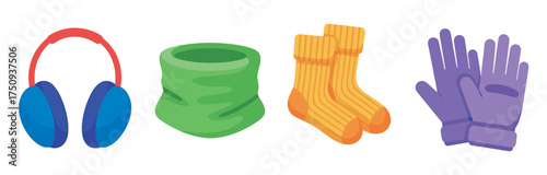 Colorful cartoon illustrations of winter accessories including blue earmuffs, a green neck warmer, orange striped socks, and purple gloves.