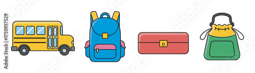 Colorful cartoon icons of a yellow school bus, a blue backpack, a red lunchbox, and a green handbag placed side by side.