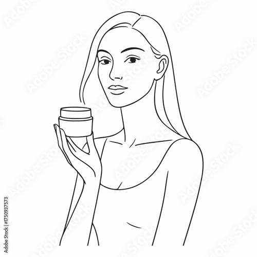 Minimalist line drawing of a woman holding skincare cream