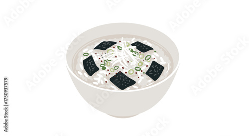 A delicious bowl of savory rice porridge topped with seaweed and scallions.