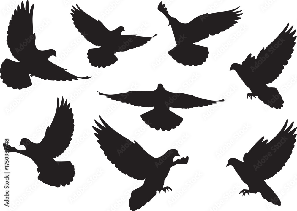 Obraz premium Vector art of a captivating silhouette of a flock of eagles in flight against an, showcasing their majestic wingspans and graceful movements, creating a sense of freedom and power