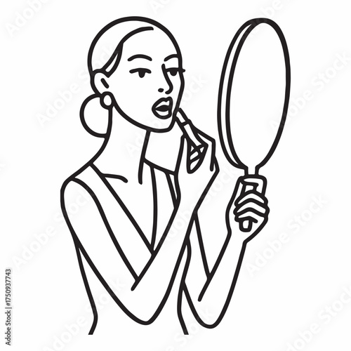 Fashion model applying bold red lipstick in mirror clean outline style