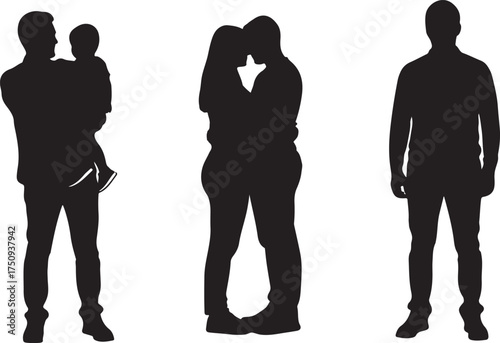Vector art of silhouette illustration of a father holding his child, a couple embracing, and a single man standing, all, depicting family, love, and loneliness in a simple, graphic style