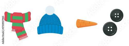 Colorful winter items including a striped scarf, a blue knit hat with a pom-pom, a carrot, and two black buttons, commonly used for snowman decoration.