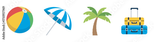Colorful beach ball, striped umbrella, tall palm tree, and stacked blue and yellow suitcases representing various elements of a summer vacation.