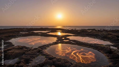 Golden Sunset Reflection In Rocky Tide Pools On A Calm Ocean Coastline During Dusk With Soft Purple Sky And Warm Sunlight