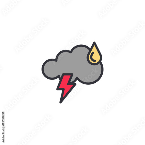 A thundercloud icon with lightning bolt showing storm conditions, strong winds, and heavy rain warnings.