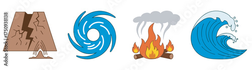 Simple colored icons depicting natural disasters including an erupting volcano, a swirling hurricane, a campfire, and an ocean wave.