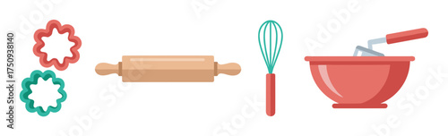 Baking tools including a rolling pin, two flower-shaped cookie cutters, a red whisk, and a red mixing bowl with a spatula.