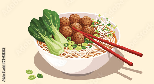 A vibrant pixel art bowl of delicious noodle soup with meatballs and bok choy.