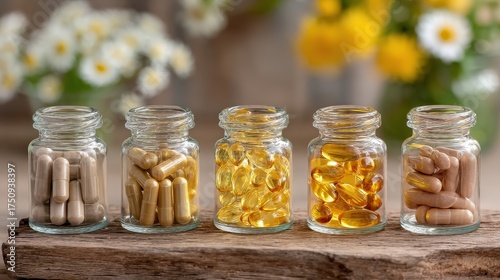 Five small glass jars with capsules, oil and powder on a wooden board. Herbal supplements