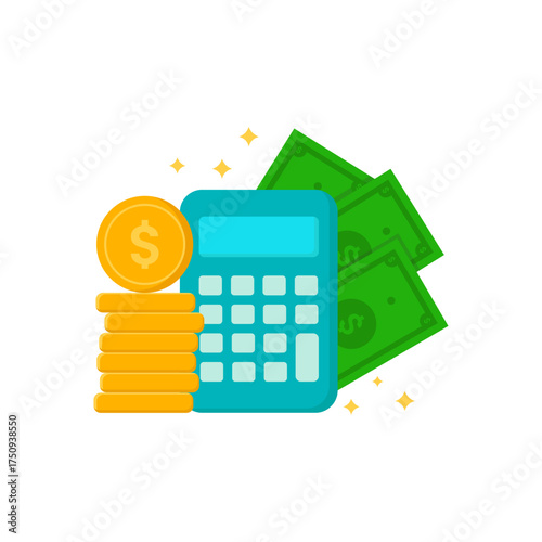 Calculator with Cash and Coins. Flat Illustration