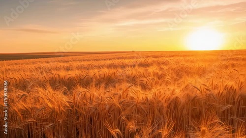 Golden Wheat Field Under A Warm Orange Sunset Sky With Soft Clouds Illuminated By The Setting Sun In The Countryside