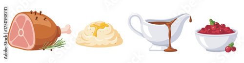 Vector-style illustration of a holiday meal featuring a glazed ham, mashed potatoes with butter, gravy in a boat, and a bowl of cranberry sauce.