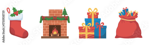 Festive christmas icons featuring a stocking with holly, a decorated fireplace, gift boxes with bows, and a sack filled with presents.