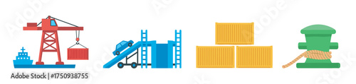 Colorful flat illustrations of maritime crane lifting a container, ramp with conveyor belt for loading, stacked shipping crates, and a mooring bollard with rope.