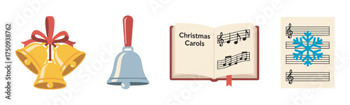 Festive collection featuring golden bells with a red bow, a silver handbell, an open book with musical notes titled "christmas carols," and music sheets adorned with a blue snowflake.