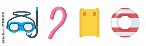Colorful collection of swimming essentials including diving goggles with snorkel, pink pool noodle, yellow kickboard, and red-white lifebuoy.