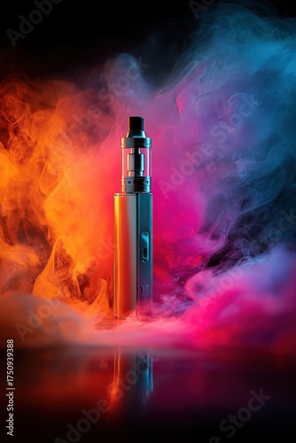 Sleek metallic vape device (e-cigarette) in vibrant, colorful smoke and reflection
