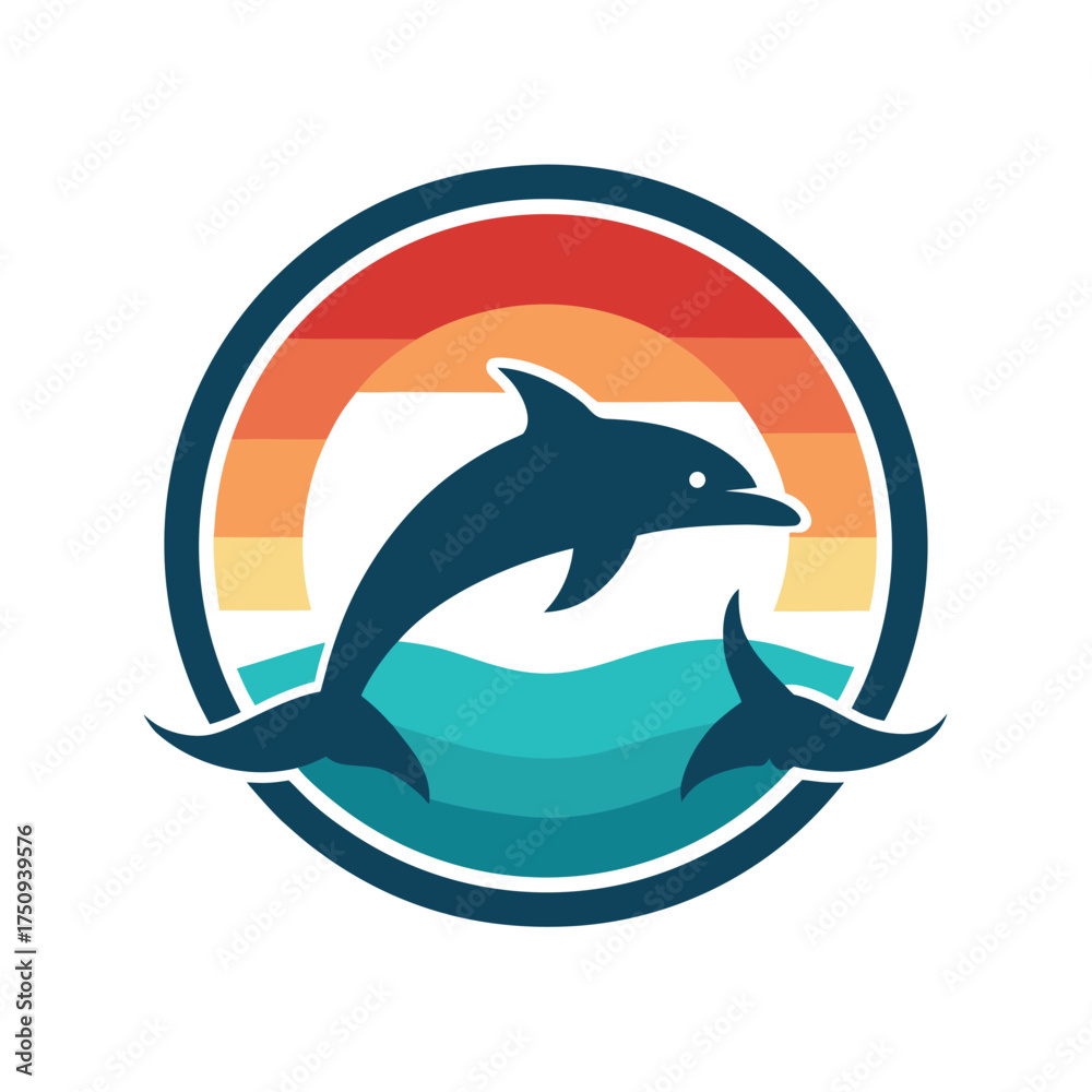 Obraz premium Dolphin Jumping Over Waves at Sunset Circle Logo ocean