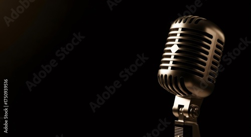 Vintage microphone on a dark background for interview or report. Journalism equipment for radio broadcast or public announcement.