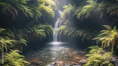 Lush Forest Waterfall with Sunbeams Filtering Through Ferns Creating a Mystical Atmosphere