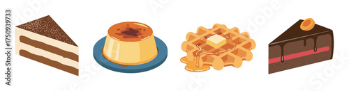 A delectable assortment of desserts including a tiramisu slice, caramel flan, syrup-drizzled waffle, and a rich chocolate cake.