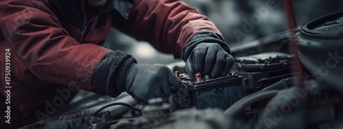 Mechanic's gloved hand checking a car battery in cold winter weather