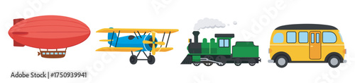 Colorful icons of a red airship, yellow biplane, green steam locomotive, and yellow van, representing different modes of transportation.