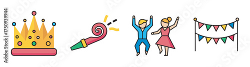 Colorful party illustration featuring a crown, a party horn, dancing couple, and decorative bunting.