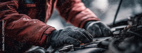 Mechanic's gloved hand checking a car battery in cold winter weather