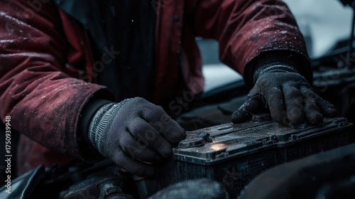 Mechanic's gloved hand checking a car battery in cold winter weather