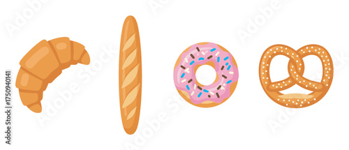 Assortment of bakery items including a croissant, baguette, pink frosted donut with sprinkles, and a salted pretzel.