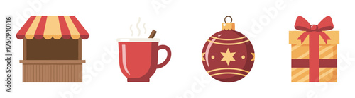 Four festive icons featuring a wooden market stall with a red and yellow striped awning, a steaming hot drink in a red mug, a red ornament with gold stars, and a gift box with a red bow.