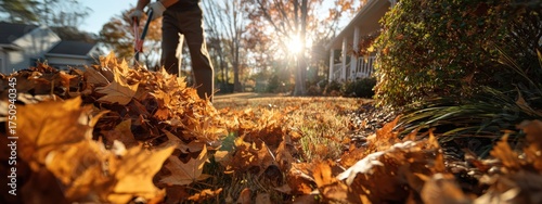 Autumn work: person in rubber boots raking a large pile of orange leaves