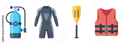 Set of scuba diving and water sports gear including an oxygen tank, wetsuit, paddle, and life jacket for safety and adventure activities.