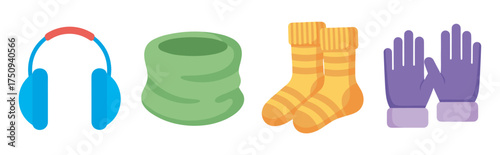 Colorful collection of winter accessories featuring blue earmuffs, a green scarf, yellow socks, and purple gloves.