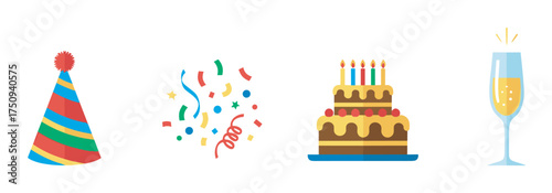 Colorful party icons featuring a striped hat, confetti, a layered cake with candles, and a champagne glass on a white background.