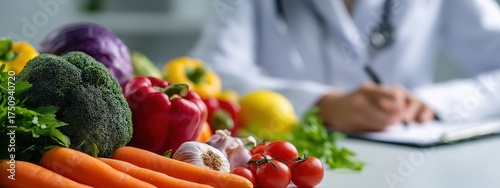 Fresh vegetables on a table with a blurred dietitian or doctor in a white coat writing in the background