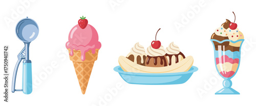 A collection of colorful ice cream desserts, including a strawberry-topped cone, banana split with whipped cream and cherries, and a layered sundae with sprinkles in a tall glass.