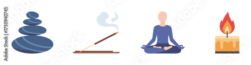 Flat design elements for relaxation, including stacked stones, a smoking incense stick, a meditating figure, and a lit candle with a visible flame.